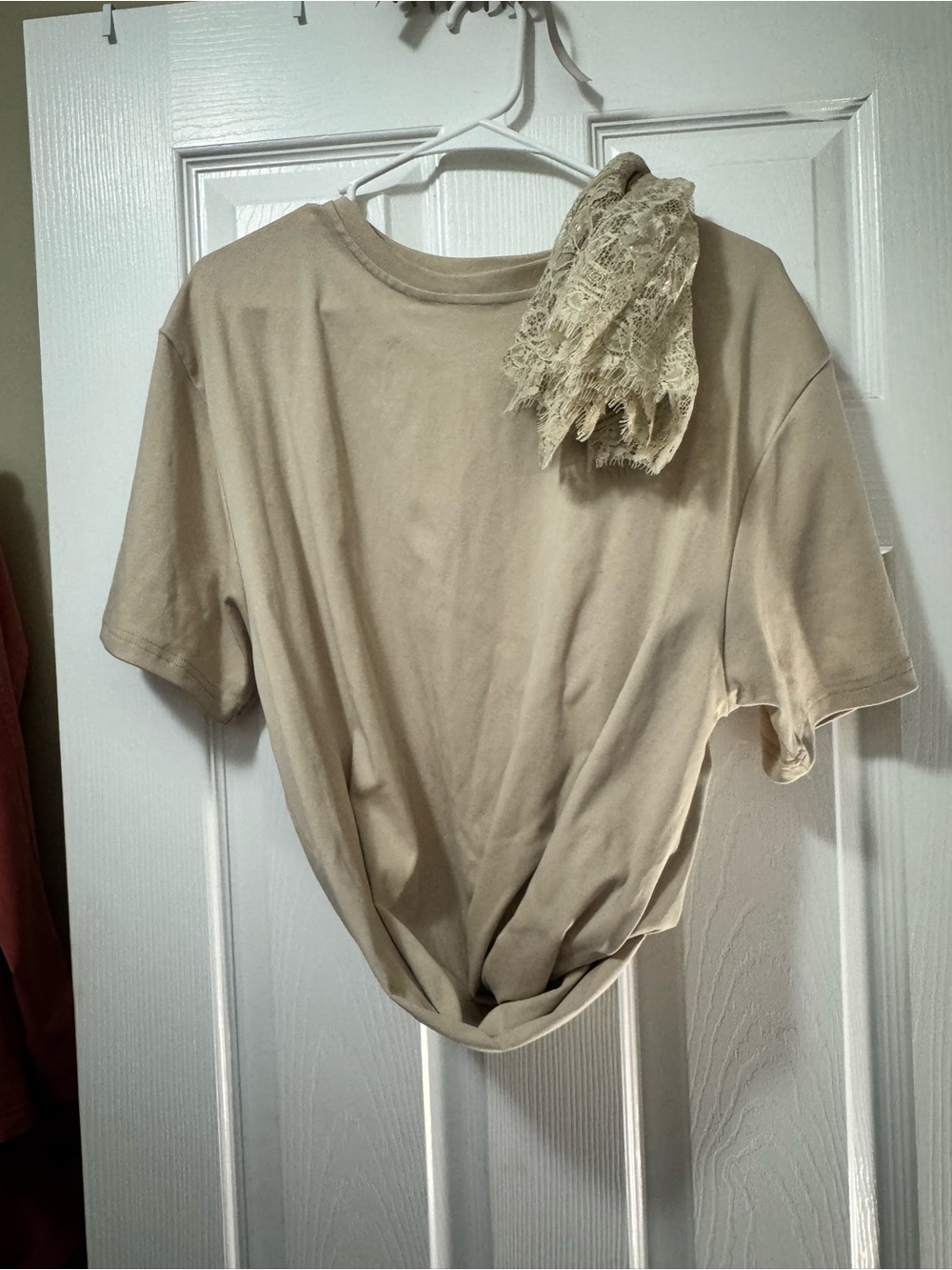 Casual Short Sleeve Tee dress with lace bottom in Light Beige